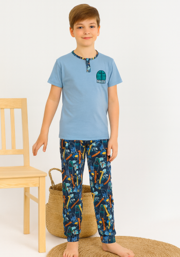 Erkek Çocuk Skate Yazılı Kısa Kollu Pamuklu Mavi Renk Pijama Takımı