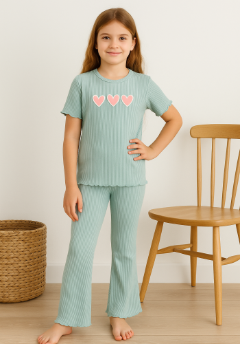 Kız Çocuk Kalp Baskılı Mint Yeşili Renkli Fitilli Kısa Kollu Takım