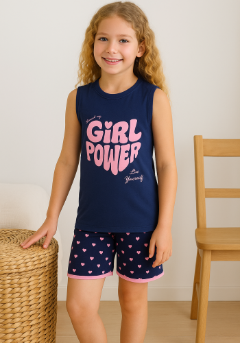 Kız Çocuk Girl Power Baskılı Askılı Kollu Şortlu Pijama Takımı