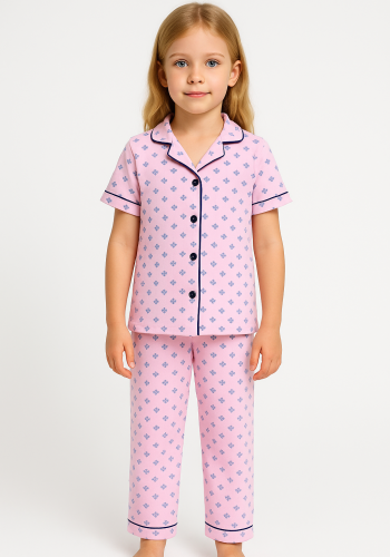 Kız Çocuk Önden Düğmeli Kısa Kollu Çiçek Baskılı Pembe Renk Pijama Takımı