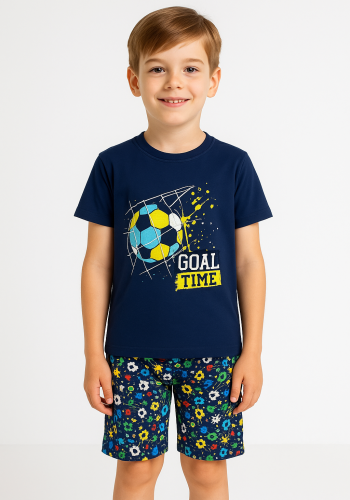 Erkek Çocuk Goal Time Yazılı Top Baskılı Kısa Kollu Kaprili Pijama Takımı