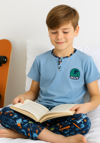 Erkek Çocuk Skate Yazılı Kısa Kollu Pamuklu Mavi Renk Pijama Takımı
