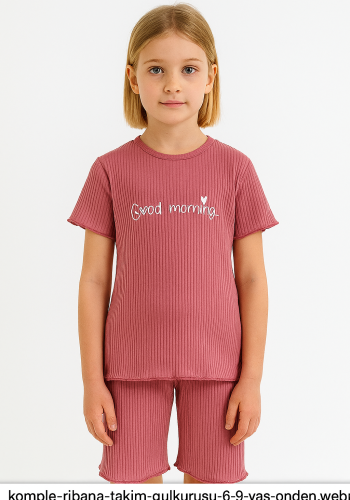 Kız Çocuk Good Morning Yazılı Fitilli Kısa Kollu Gül Kurursu Renkli Şortlu Takım