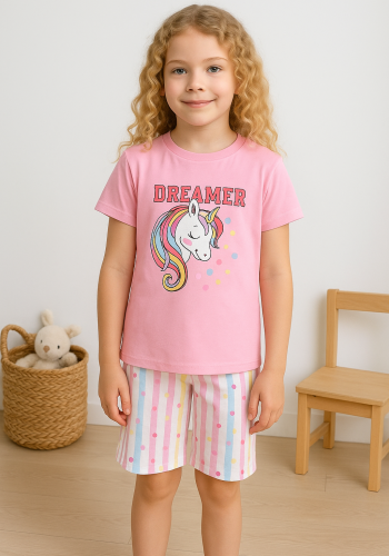 Kız Çocuk Unicorn Baskılı Dreamer Yazılı Lısa Kollu Kaprili Pijama Takımı