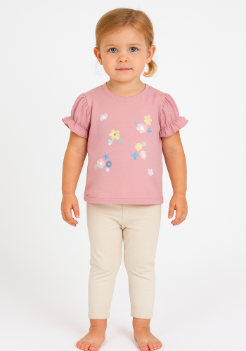 Kız Çocuk Çiçek Baskılı - Simli - Kısa Kol Tişörtlü Taytlı Takım