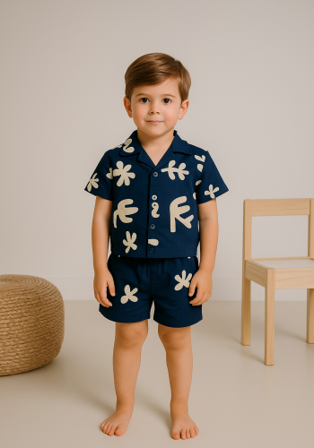 Erkek Çocuk Yaprak Desenli - Önden Düğmeli - Kısa Kollu Gömlekli - Şortlu Müslin Takım