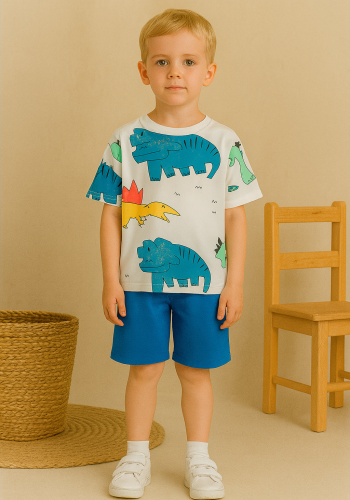 Erkek Çocuk Dinazor Baskılı Kısa Kol Tişörtlü - Şortlu Takım