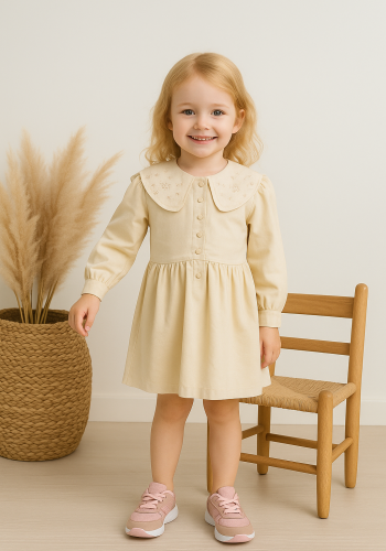 Kız Çocuk Çiçek Nakış Yakalı - Önden Çıtçıtlı - Uzun Kollu - Bej Renk Kot Elbise