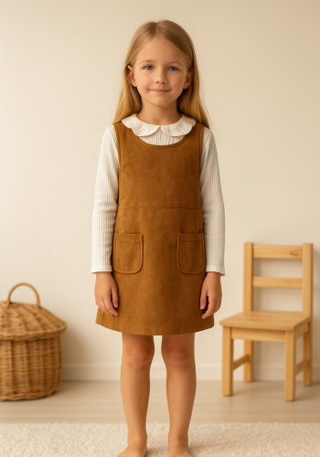 Kız Çocuk Fitlli - Yakası Fırfır Detaylı - Uzun Kollu - Bady - Süet - Cep Detaylı - Elbise Takım