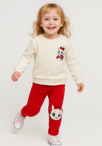 Kız Bebek Kedi Baskılı - Fitilli Taytlı - Beyaz Renk - Uzun Kollu 2li Takım