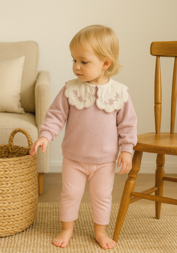 Kız Bebek  Kare Yaka Yaka Kısmı Nakışlı  2li Takım