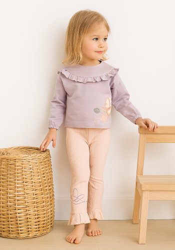 Kız Bebek Kelebek Nakışlı Ön Kısmı Fırfır Detaylı Fitilli Taytlı 2li Takım