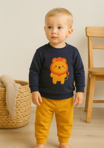 Erkek Bebek Aslan Baskılı - Bisiklet Yaka - Uzun Kollu - Lacivert Renk 2li Takım