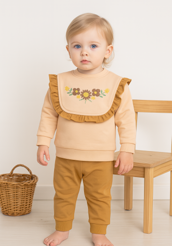 Kız Bebek Çiçek Nakışlı Bisiklet Yakalı Ön Kısmı Fırfır Detaylı 2li Takım