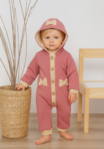 Kız Çocuk Önden Düğmeli Fiyonk Detaylı Kapşonlu Organik Pamuklu Uzun Kollu Tulum