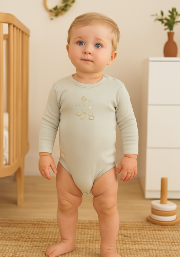 Unisex Ördek Baskılı Uzun Kollu Alltan Ve Omuzdan Çıtçıtlı Organik Pamuklu Zıbın