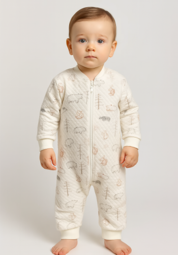 Unisex Hayvan Figürü Baskılı Önden Fermuarlı Uzun Kollu Organik Pamuklu Uyku Tulumu
