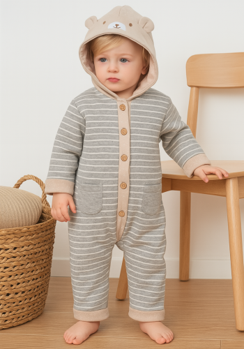 Unisex Önden Düğme Detaylı Cepli Iç Kısmı Welsoft Kapşonlu Uzun Kollu Tulum