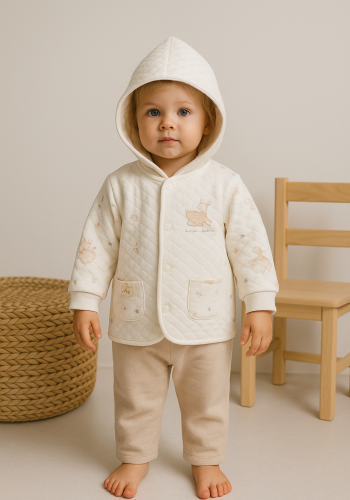 Unisex Önden Çıtçıt Kapamalı Yavru Ceylan Baskılı Cepli Pamuklu Kapşonlu Hırka