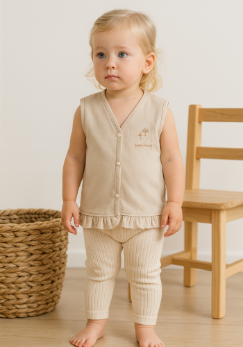 Kız Bebek Önden Çıtçıtlı Mantar Işlemeli Etek Uçları Fırfırlı Yelek