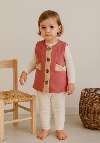Kız Bebek Önden Ahşap Düğmeli Fitilli Iç Kısmı Penye Yelek