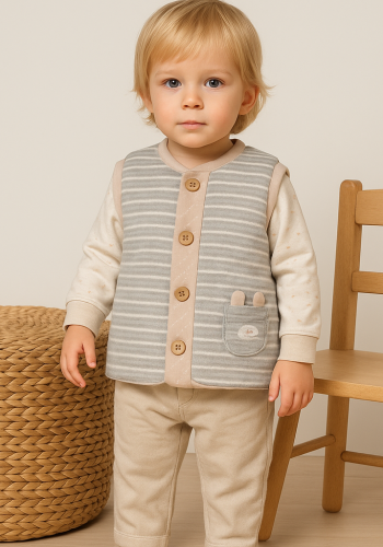 Unisex Önden Düğmeli Çizgili Ayıcık Cepli Gri Renk Yelek