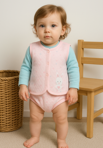 Kız Bebek Kapitone Tavşan Baskılı Pembe Renk Yelek