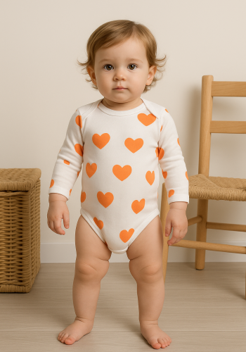 Kız Bebek Kalp Baskılı Uzun Kollu Pamuklu Çıtçıtlı Bady