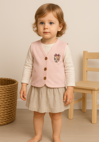 Kız Bebek Panda Kafa Baskılı Ahşap Düğmeli Pembe Renk Yelek