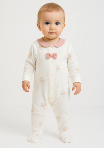 Kız Bebek Önden Çıtçıtlı Fiyonk Detaylı Mantar Baskılı Ayaklı Tulum