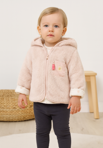 Kız Bebek Fermuar Cep Detaylı Kapşonlu Peluş Mont