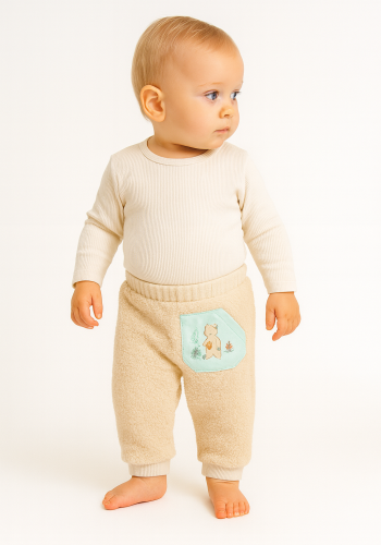 Erkek Bebek Beli Lastikli Kanguru Cepli Ayıcık Baskılı Peluş Alt Pantolon