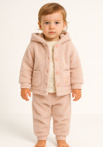 Kız Çocuk Peluş Yandan Düğmeli Kapşonlu Kanguru Cepli Kedi Baskılı 3lü Takım