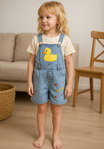 Ördek Baskılı Tişörtlü  Kot  - Şortlu - Salopet