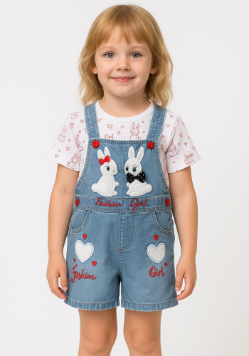 Tavşan Baskılı Kısakol Tişörtlü Kot Salopet