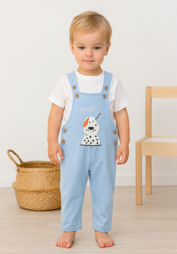 Erkek Bebek Köpek Nakışlı Müslin Kumaş Salopet - Düğmeli - Müslin - Mavi Renk - 12 - 18 - 24 Ay