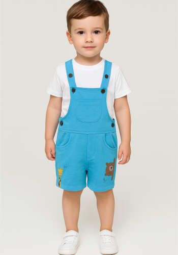 Erkek Bebek Zürafa - Ayıcık Baskılı Şort Salopet - Cepli - Mavi Renk - 18 - 36 Ay