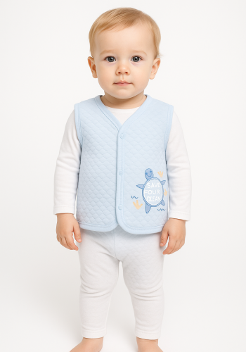 Bebek Yelek - Organik - Kapitone - Kaplumbağa Baskılı - 3 - 6 - 9 Ay - Mavi Renk