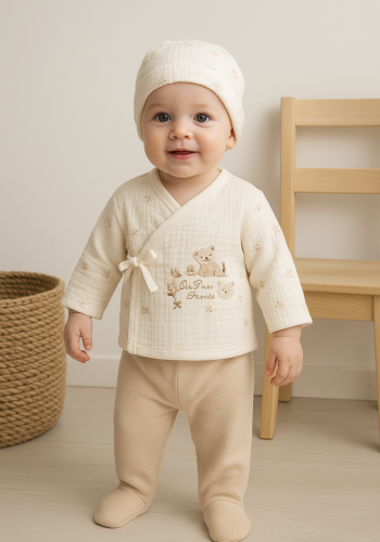 Kız Bebek Yandan Çıtçıt Detaylı 3lü Bej Zıbın Seti - Müslin Kumaş - Organik - 3 - 9 Ay -