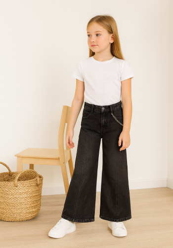 Kız Çocuk Bol Paçalı Zincir Detaylı Siyah Renk Kot Pantolon