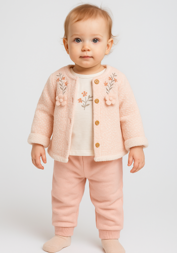 Kız Bebek çiçek nakışlı welsoft ceketli 3lü takım