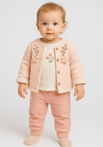 Kız Bebek çiçek nakışlı welsoft ceketli 3lü takım