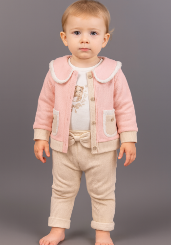 Kız Bebek wafle kumaş cep detaylı 3lü ceket takım