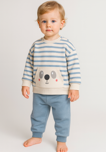 Erkek Çocuk çizgili - köpek yüz baskılı -iç kısmı şardonlu takım