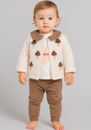Kız Bebek mantar baskılı welsoft ceketli 3lü takım
