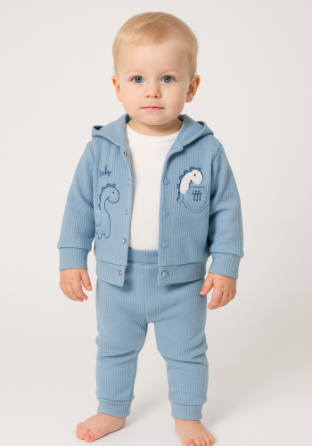 Erkek Bebek dinazor işlemeli kapşonlu zıbınlı 3lü takım