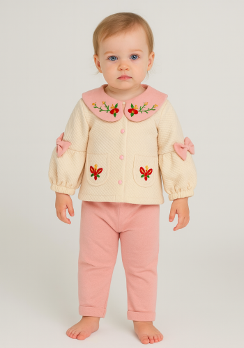 Kız Bebek bebe yaka yakası çiçek nakışlı kolları kurdelalı balon kol takım