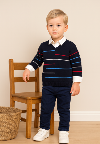 Erkek Çocuk çizgi desenli  kazak keten pantolonlu gmlekli 3lü takım