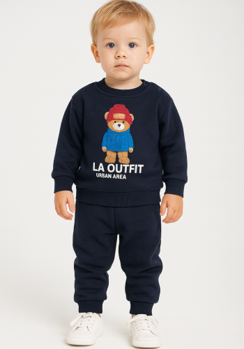 Erkek Bebek şapkalı ayıcık baskılı iç kısmı şardonlu takım