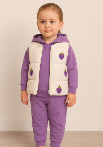 Kız Bebek çilek nakışlı kapşonlu yelekli mor renk eşofman takım